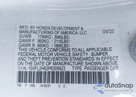 2023 Honda Civic Sport z USA, uszkodzony, nr VIN 19XFL2H82PE009923
